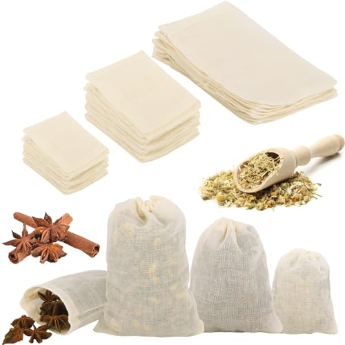 50Pcs Spice Bags for Cooking, Tea Bags, Cotton Muslin Drawstring Bags | Reusable Empty Bouquet Garni Bags for Cooking, Tea/Coffee Filtering, Spices, 6 x 8cm, 8 x 10cm,10 x 15cm(3 Sizes)
