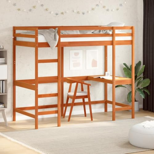 Bucmath Hochbett mit Schreibtisch, Wachsbraun 90x190cm, Massivholz Kiefer, platzsparendes Design, sicherer Schlafbereich, Jugendzimmer Möbel