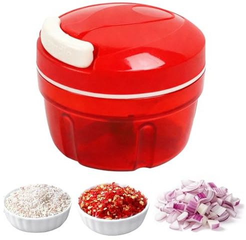 Cortador Cebolla Manual con Cuchillas Acero Inoxidable & Cuerda, Multipicadora Verduras 300 ml, Picadora Ajo Cocina Multiusos, Trituradora Alimentos Hogar para Carne, Frutas (Rojo)