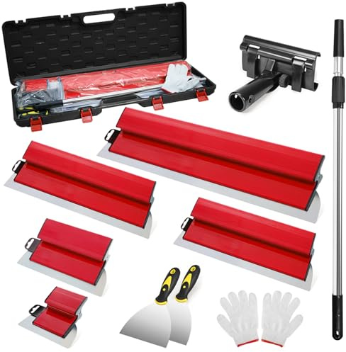 Spatule Enduit Lissage Set, 5 Outils de Spatule (15cm, 25cm, 40cm, 60cm, 80cm) pour les cloisons sèches,à main tige télescopique 85 à 130 cm，2 grattoirs à main et Avec boîte