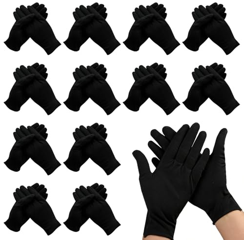 Xynovate 12 Pares de Guantes de Algodón Negro, Guantes Hidratantes Manos Reutilizable, Guantes Trabajo Delgado para Inspección de Joyas, Hidratación y Reparación,L
