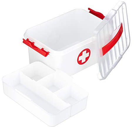 Relaxdays Medizinbox, Einlegefächer, Erste Hilfe Box Medikamentenaufbewahrung, Kunststoff, HBT: 14,5 x 30 x 21 cm, weiß