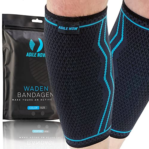 AGILE NOW® Set di 2 fasce per polpacci, stabilizza e allevia i polpacci ad ogni movimento, calze a compressione per uomo e donna, fasce di compressione antiscivolo e traspiranti (L | blu)