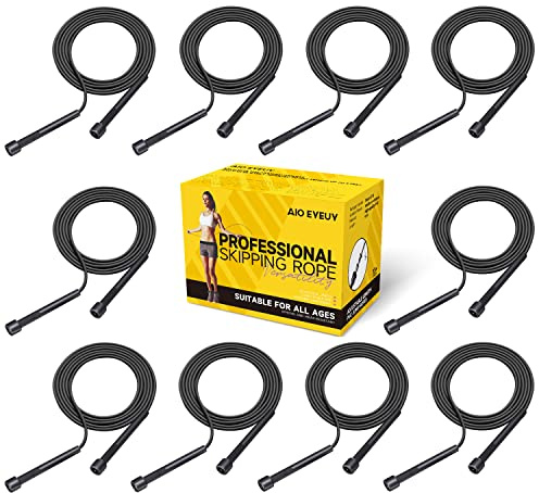 AIO EYEUY Adjustable Jump Rope for Fitness and Exercise-PVC Skipping Rope for Men,Women and Kids-Tangle-Free for Keeping Fit, Training, Workout 10 Pack Black