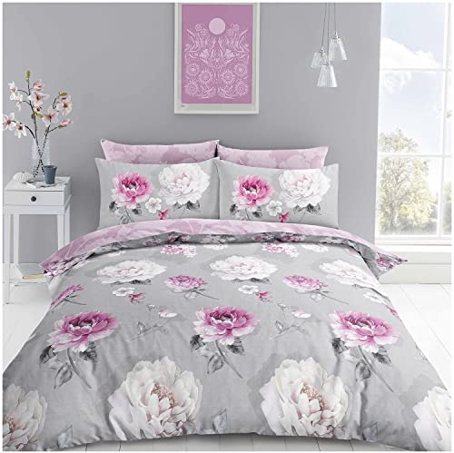 Super Dreamer 4Pcs Complete Bed Set Blossom Duvet Cover With Fitted Sheet And Pillowcases, Reversible Double Quilt Covers, Grey/Blush Pink, 11693871