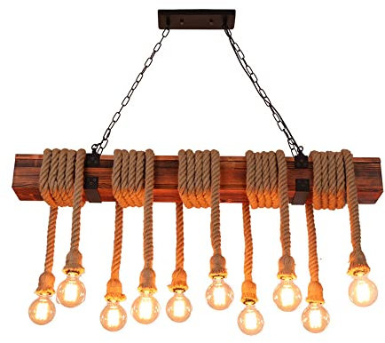Jadssox Rustikaler Bauernhaus-Kronleuchter 10-Licht-Cluster-Pendelleuchte, antike Holz-Hängelampe, Hanfseil-Deckenleuchten, Kücheninsel-Esszimmer-Kronleuchter
