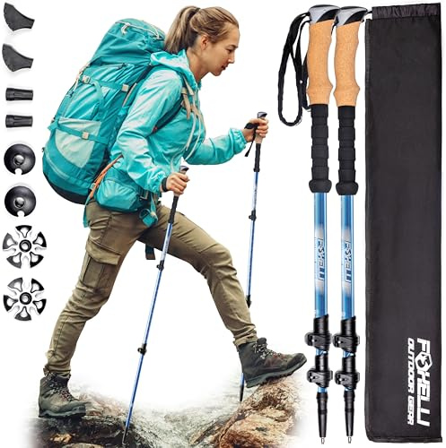 Foxelli Trekkingstöcke aus Kohlefaser, leicht, zusammenklappbar, stoßabsorbierend, mit Naturkorkgriffen, Flip Locks, 4-Jahreszeiten/All-Terrain Zubehör und Tragetasche, Blau