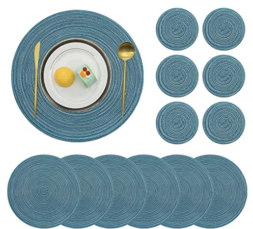 Pauwer Platzsets und Untersetzer 6er Set, Runde Baumwolle Hitzebeständig Platzdeckchen Waschbare rutschfest Tischmatte mit Untersetzer für Esszimmer, Küche, Hochzeit, Party