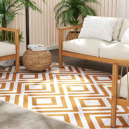 Outsunny Alfombra de Exterior 182x274 cm Alfombra Reversible con Patrón Geométrico de Rombos Impermeable para Terraza Balcón Patio Camping Playa Rojo y Blanco