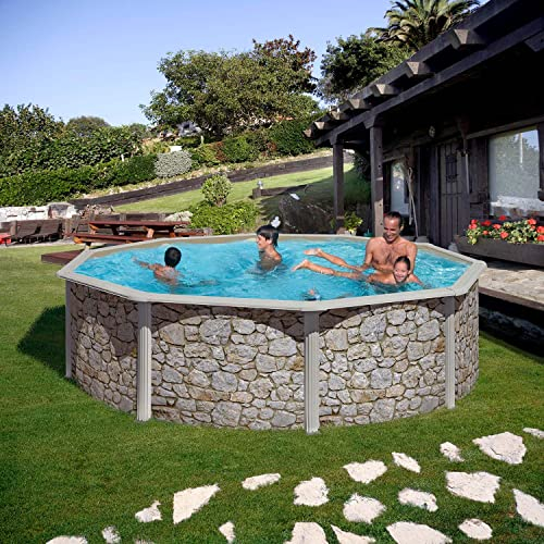 Paradies Pool® Gre Giant rund 350x120cm (Ø x H), Komplettset, Stahlwandbecken Stein, Poolplane in blau 0,4mm, Handlauf extra breit, inkl. Skimmer-Set, Leiter, Unterlegvlies und Filteranlage