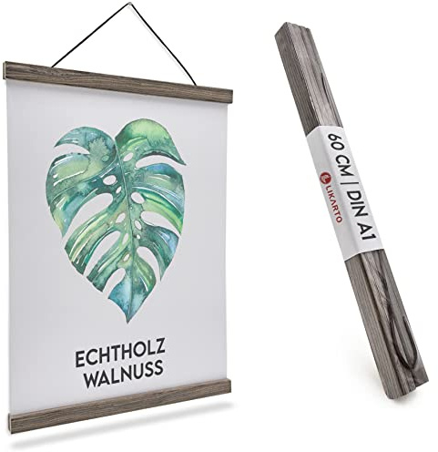 LIKARTO® Posterleiste Holz Walnuss A1, 60 cm, magnetisch, mit Lederband | Echtholz Walnuss, starke Magnete, inkl. Lederband, wiederverwendbar, Alternative zum Bilderrahmen