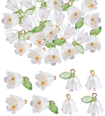COGCHARGER 40 Pieces White Flower Shape Charm Pendant Bellflower Charm Green Plant Pendant for Jewelry Necklace Earring Making Crafts