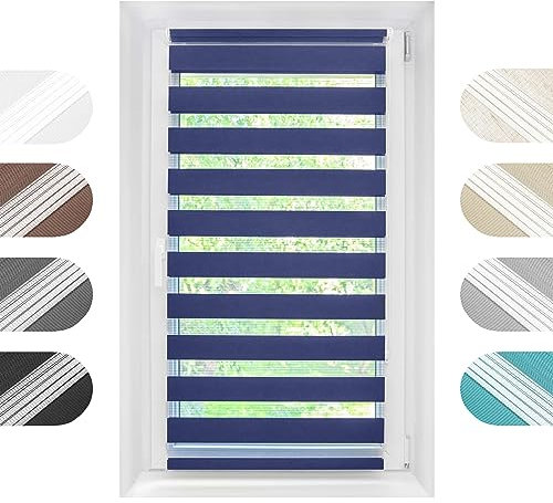Birrke® Doppelrollo Ohne Bohren/Mit Bohren 2in1 80 x 230 cm - Tag und Nacht Duo Rollo für Sonnenschutz und Sichtschutz - Doppel Rollo - Einfache Montage Marine blau