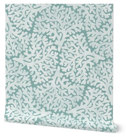 Peel & Stick Wallpaper Swatch - Coastal Coral Turquoise Summer Beach Tropical Ocean Fan Surf Reef House Custom Removable Wallpaper by Spoonflower