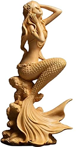 Chinesische Feng Shui-Skulptur, Meerjungfrau-Figuren-Dekoration, handgefertigte Meerjungfrau-Prinzessin-Statue aus Buchsbaum im mediterranen Stil, Kunstornamente, Skulptur, kreative Heim- und Bürodeko
