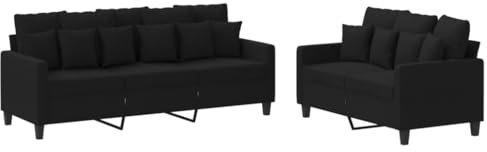 vidaXL Sofagarnitur 2-TLG., Sessel Couch mit Kissen, Sofa Wohnzimmersofa mit Armlehnen, Couchgarnitur Designsofa Sitzmöbel Polstermöbel, Schwarz Stoff