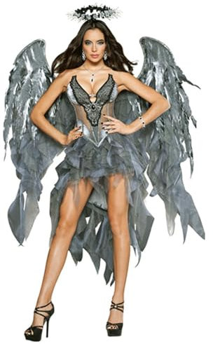 FGRID Disfraces de Halloween para Mujeres, Disfraz de ángel Fantasma Malvado Oscuro Sexy, Conjunto de Disfraz de alas de Hada del Diablo del ángel,Gris,XL
