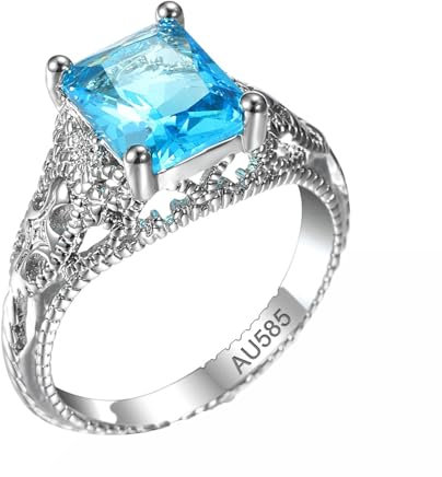 Epinki Antragsring Weiß Gold 14 Karat, Vintage Muster Bandringe Freundschaftsringe mit Topas Blau, Au585 Gold Eheringe Hochzeitsband Echt Goldschmuck, Gr.56 (17.8)