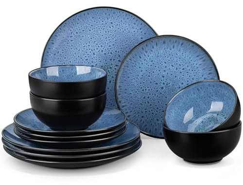 vancasso Servizio Piatti da 12 Pezzi in Gres per 4 Persone, Servizio da Tavola con 4 Piatti Piani, 4 Piatti da Dessert e 4 Ciotole per Cereali, Stile Vintage Blu, Serie BUBBLE