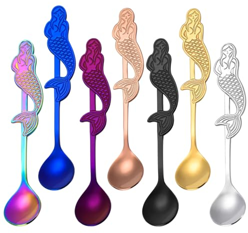 Pleafind Mermaid Coffee Teaspoons, 7pcs Stainless Steel Creative Coffee Gifts for Men, Cute Tea Spoons Set Ice Cream/Dessert/Stirring/Sugar Spoon, Christmas Birthday Men Gifts, Dishwasher Safe
