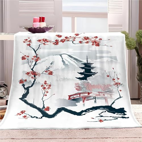 Buohwiwe Plaid Coperta Pile Giappone Plaid Pile Sakura Monte Fuji 3D Coperte Flanella Stile Giapponese 100x140 cm Singolo per Letto e Divano Blanket Peluche Morbida e Calda m7365