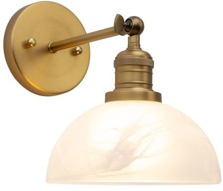 JIMUBEAM 1-Light Vintage Wall Light with Milk White Glass Shade | Antique Brass Adjustable Arm, Rustic Indoor Wall Mounted Lamp for Bedroom Vanity Bathroom Living Room Over Kitchen Sink