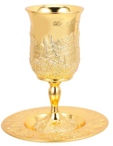 ABOOFAN Kiddusch-Tasse Und Untertassen-Tablett – Goldener Weinkelch Mit Stiel Schabbat- Und Havdala-Kelch Geprägter Kelchbecher Für Jüdisches Judaica Schabbat Pessach Seder-Bar