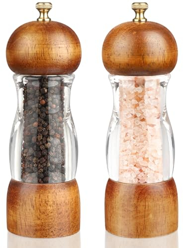 Jepsen Salt and Pepper Grinder Set，Spice Grinder refillable，Manual Wooden Salt and Pepper Mill Set with Adjustable Ceramic core Salt Grinder 2 Pieces