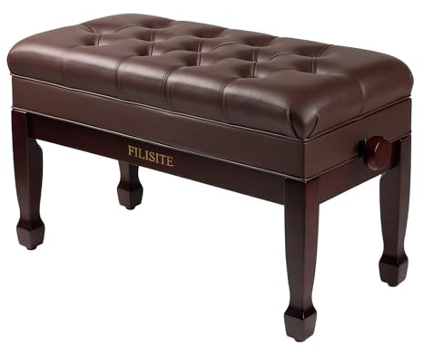 FILISITE Adjustable Duet Piano Bench with Storage, Heavy Duty Solid Wood Double Piano Stool Keyboard Bench Seat with PU Leather Padded Cushion (Brown)