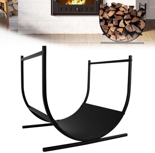 QEENTOE Étagère à bois de cheminée en acier - Étagère à bois de chauffage semi-circulaire - Rangement intérieur pour bois de cheminée - Pour intérieur et extérieur - Noir - 44,5 x 37,5 x 40 cm