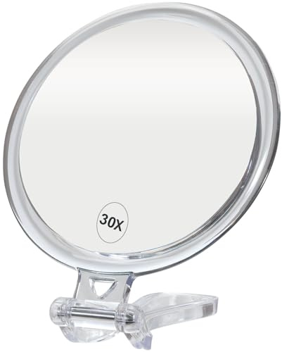 ForPro Professional Collection Expert 30X Magnifying Handheld Mirror, Double-Sided Hand Mirror with Folding Adjustable Handle for Makeup, Travel, Clear
