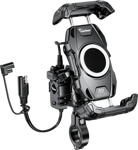 Kaedear Motorcycle Smartphone Holder, Air Mount Vibration Absorption, QI & USB Charging, Fast Wireless Charging, IP66 Waterproof, Quick Release, Locking System, Air Mount, Slide Lock KDR-M28A