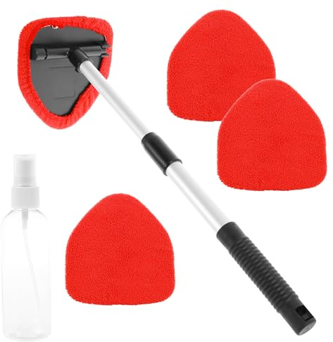 Windshield Cleaning Tool, Car Window Cleaner with Extendable Long Handle and 4 Washable Reusable Microfiber Pads and Spray Bottle, Auto Interior Exterior Glass Wiper Kit Supplies (Red)