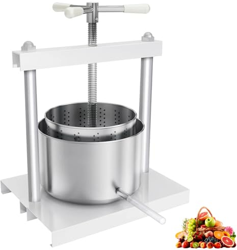 QEENTOE Fruchtpresse Edelstahl Manuelle Obstpresse Weiß Weinpresse Saftpresse Beerenpresse mit Edelstahlkorb Obstschredder Entsafter Maischepresse Edelstahl & Eisen Für Obst, Gemüse, Trauben - 5L