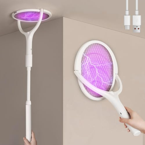 Electric Fly Swatter Racket, Electric Fly Zapper with Rotating Head USB Rechargeable fly Killer Bug Zapper Racket E-lectric Mosquito Swatter fly Killer fly Catcher with Charging Base (White-Round)