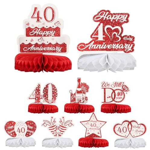 Culinavog Wedding Anniversary Table Decorations, 9 PCS Honeycomb Centerpieces Table Toppers, Happy Anniversary Honeycomb Centerpiece for Women, Cake Toppers for 40th Wedding Party Supplies (Red)