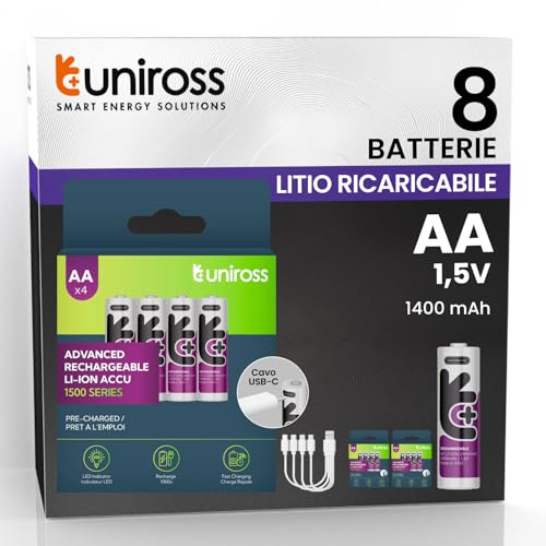 8 Batterie Stilo AA Ricaricabili con Cavo USB-C 4in1 1,5V 1400mAh/2400mWh Pile Litio HR6 Stilo +1000 Cicli di Ricarica Uniross Alta Qualità e Lunga Durata per Telecomandi Mouse Tastiere