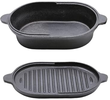 Warmiehomy 2 in 1 Small Cast Iron Pot,1.8L Oval Dutch Oven with Lid,Non-stick Skillet Pan and Pot Set for Cooking Baking Frying,23cm