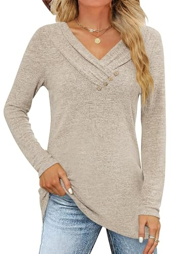 Fisoew Camiseta de manga larga para mujer, jersey de cuello en V, con botones, suelta, otoño, camiseta túnica.