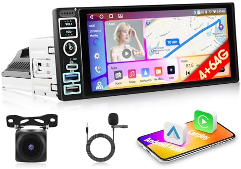 Motorsi 4+64G Autoradio 1 DIN A-pple Carplay Android Auto Radio, Radio estéreo Doble DIN de 6,9 Pulgadas con Pantalla táctil IPS, Radio para Coche Android 15 con Bluetooth 5.0/GPS/WiFi/FM/RDS+AHD