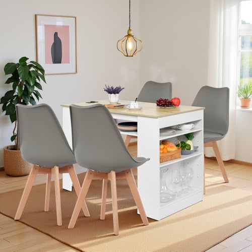 EGGREE Esstisch mit 4 Stühlen Essgruppe, Bartisch Set, Schreibtisch mit AC-Steckdosen und USB-Anschlüssen, 111cm Küchentisch mit 4 Ablagen für Wohnzimmer, Küche(Weiß Eichentisch+4 Grau Stühle)