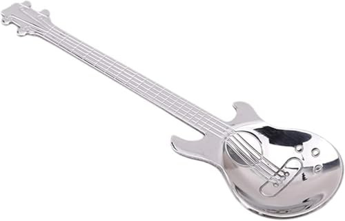 Funny Guitar Shaped Coffee Teaspoons Stainless Steel Musical Dessert Spoons Stirring Mixing Spoon Sugar Jam Ice Cream Scoop Tools for Kicthen, Silver