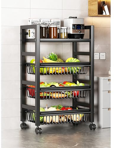 Carrito de almacenamiento de cocina, estante de metal de 5 niveles con cestas de alambre extraíbles y ruedas para frutas y verduras, diseño que ahorra espacio