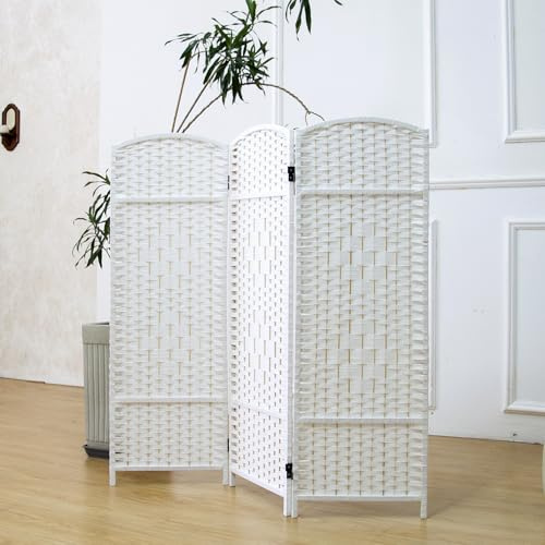 Furnnylane 3 Panel White Rattan Divider Short Room Partition Screen,Double Sided Short Folding Divider for Room Separation,120 cm Tall