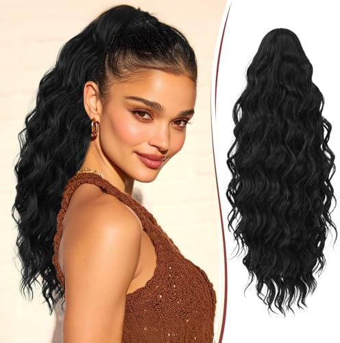 RUWISS Hästsvans förlängning med klämma, 51 cm lång lockig vågig klo klämma i ponytail syntetisk hårbit hästsvans för kvinnor, naturlig svart