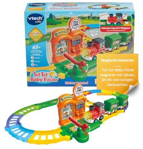 VTech TUT TUT Baby Flitzer Bunter Bahnhof - Spielset mit Zug & 2 Waggons | Interaktives Eisenbahn-Set mit 65 Liedern, Sätzen & Geräuschen, 2 Weichen sowie Magischen Sensoren für Spielspaß