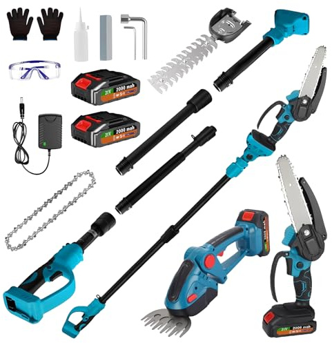 Timisea 6-in-1 Akku 8 Zoll Kettensäge & Heckenschere Set mit Teleskopstiel (1,4-2,5m), 2 Akkus, 2 Klingen, Elektro Astsäge, Baumsäge, für Gartensträucher, Rasen, Hecken
