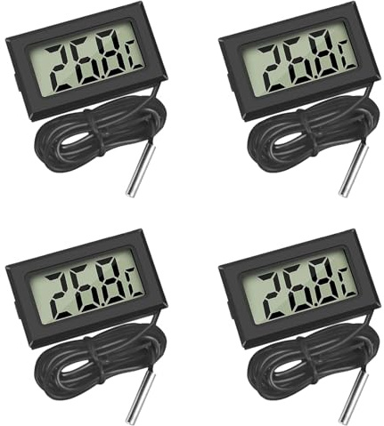 Lot de 4 thermomètres numériques avec sonde externe pour réfrigérateur, congélateur, aquarium, moniteur de température portable, résistant à l'humidité, écran LCD transparent, noir