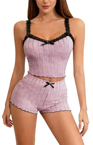 ADUDVLO Women's Summer Pajama Set 2-Piece Solid Camisole Shorts Casual Sleepwear Soft Deep V-Neck Pjs Set Sleeveless Lace Lounge Set (UK, Alpha, M, Regular, Regular, Pink)