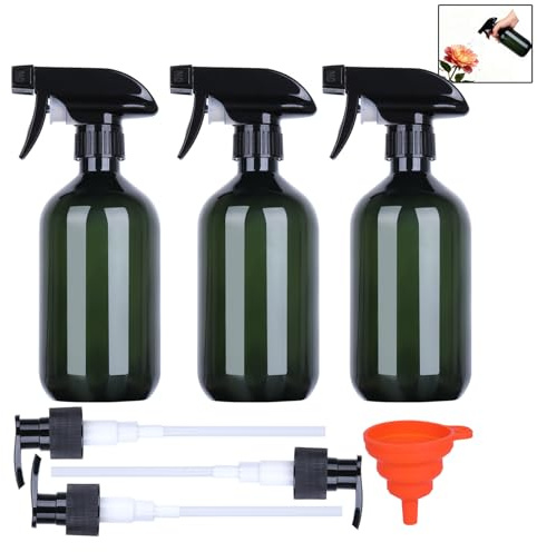 3 Pcs 500 ML Refillable Spray Bottles for Cleaning, Plastic Atomiser Water Spray Bottle for Plants, Empty Mist Trigger Sprayer Bottles for Gardening Hairdressing, with 3 Pump Heads & 1 Funnel(Green)